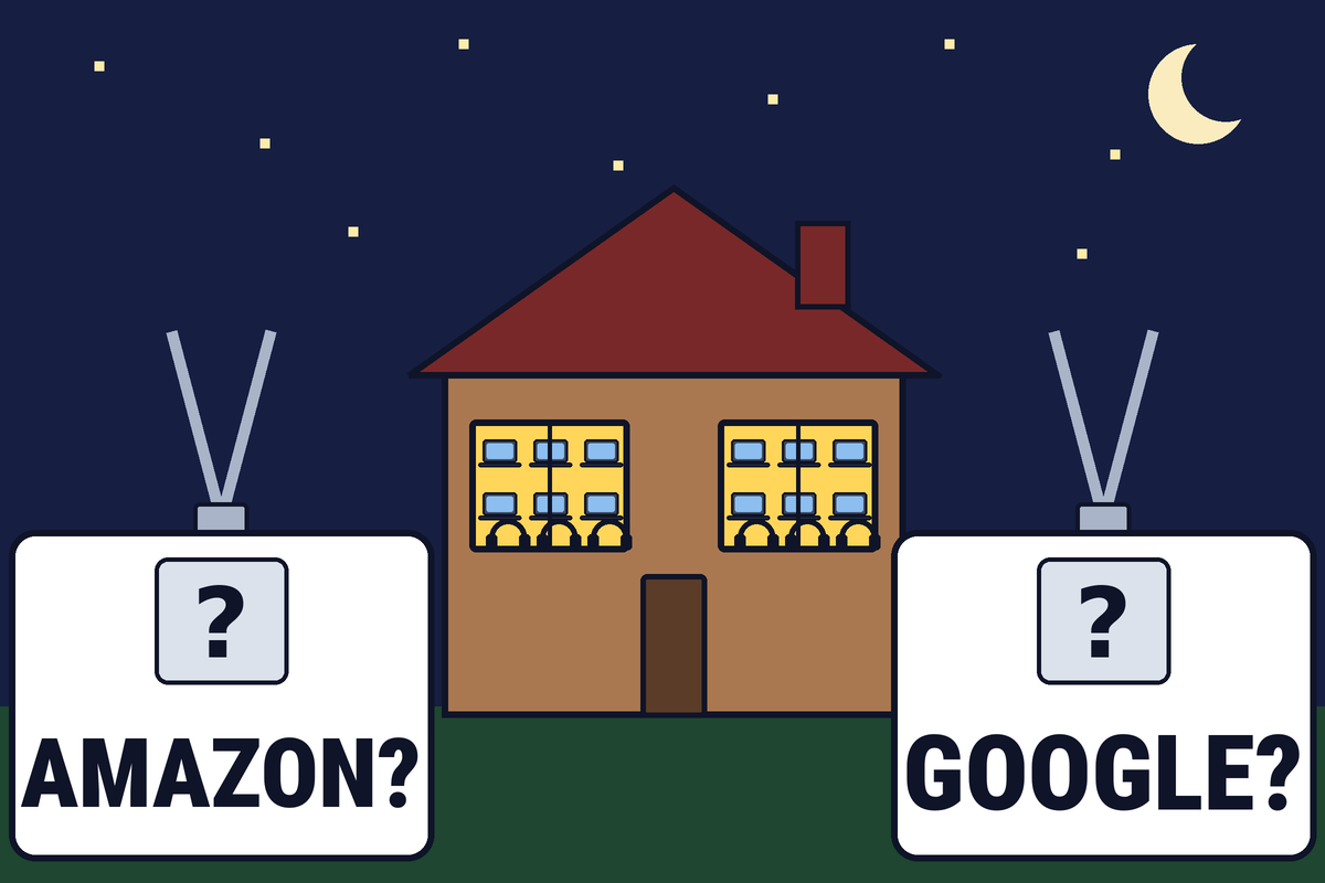 A house at night with laptops and headsets glowing in the windows. Two badges in front read AMAZON? and GOOGLE?