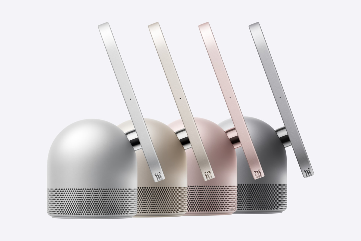 Four Apple HomeView screens in silver, starlight, rose pink, and space gray, seen from the side on a gray background.