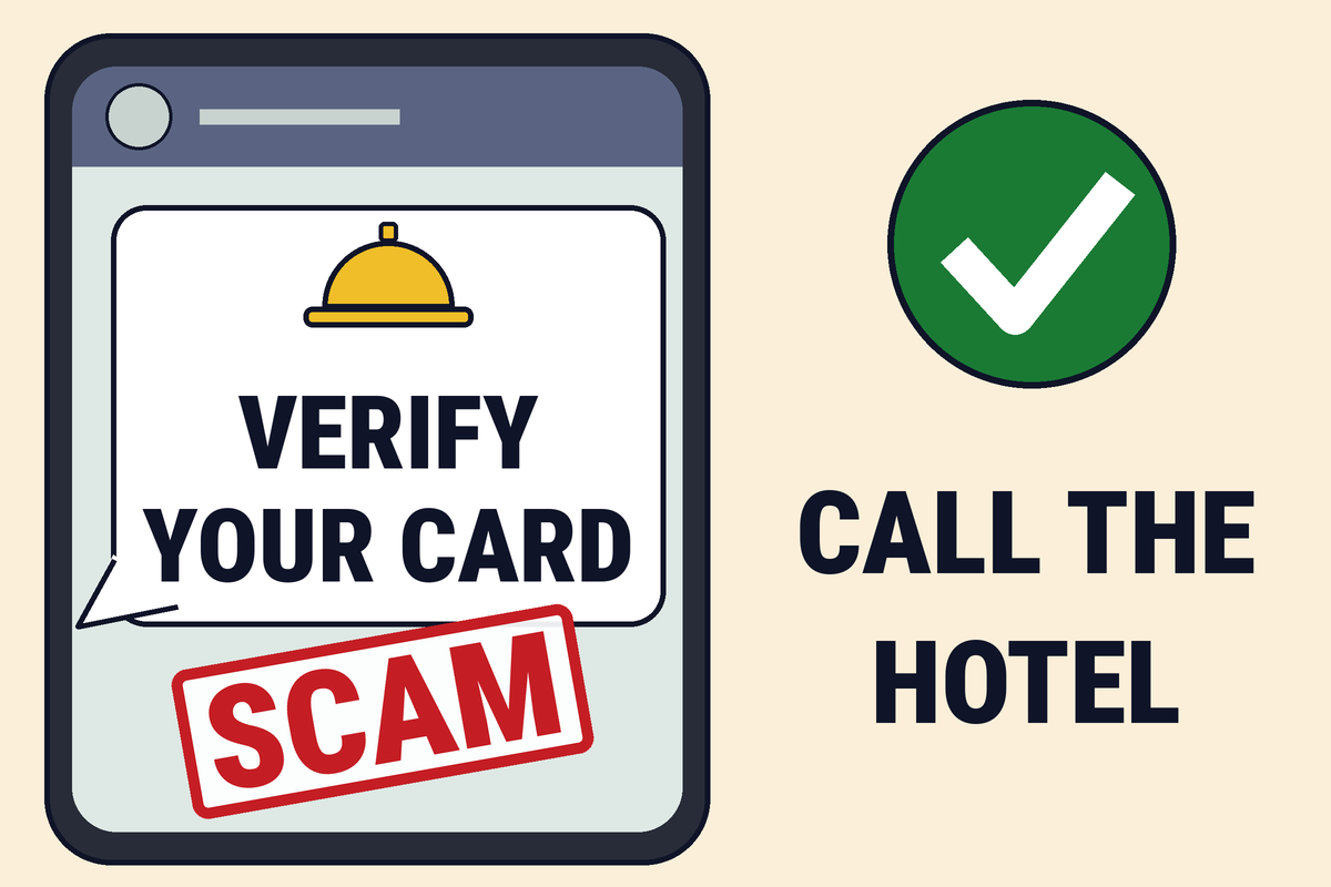 A phone chat asks you to verify your card. A red stamp says SCAM. Beside it, a green check says CALL THE HOTEL.