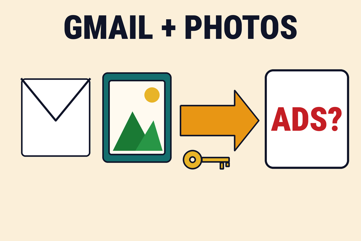 An illustration labeled GMAIL + PHOTOS shows an envelope and a landscape photo passing a key toward a red circle that says ADS?