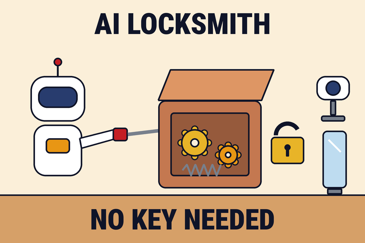 A red robot locksmith with a magnifying glass stands at an open blue door. A yellow sign reads NO KEY NEEDED, and a speech bubble says AI LOCKSMITH.